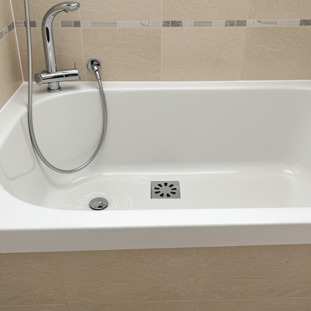 Clean modern bathroom featuring a shiny bathtub with a clear drain, highlighting professional drain cleaning results by a plumbing service
