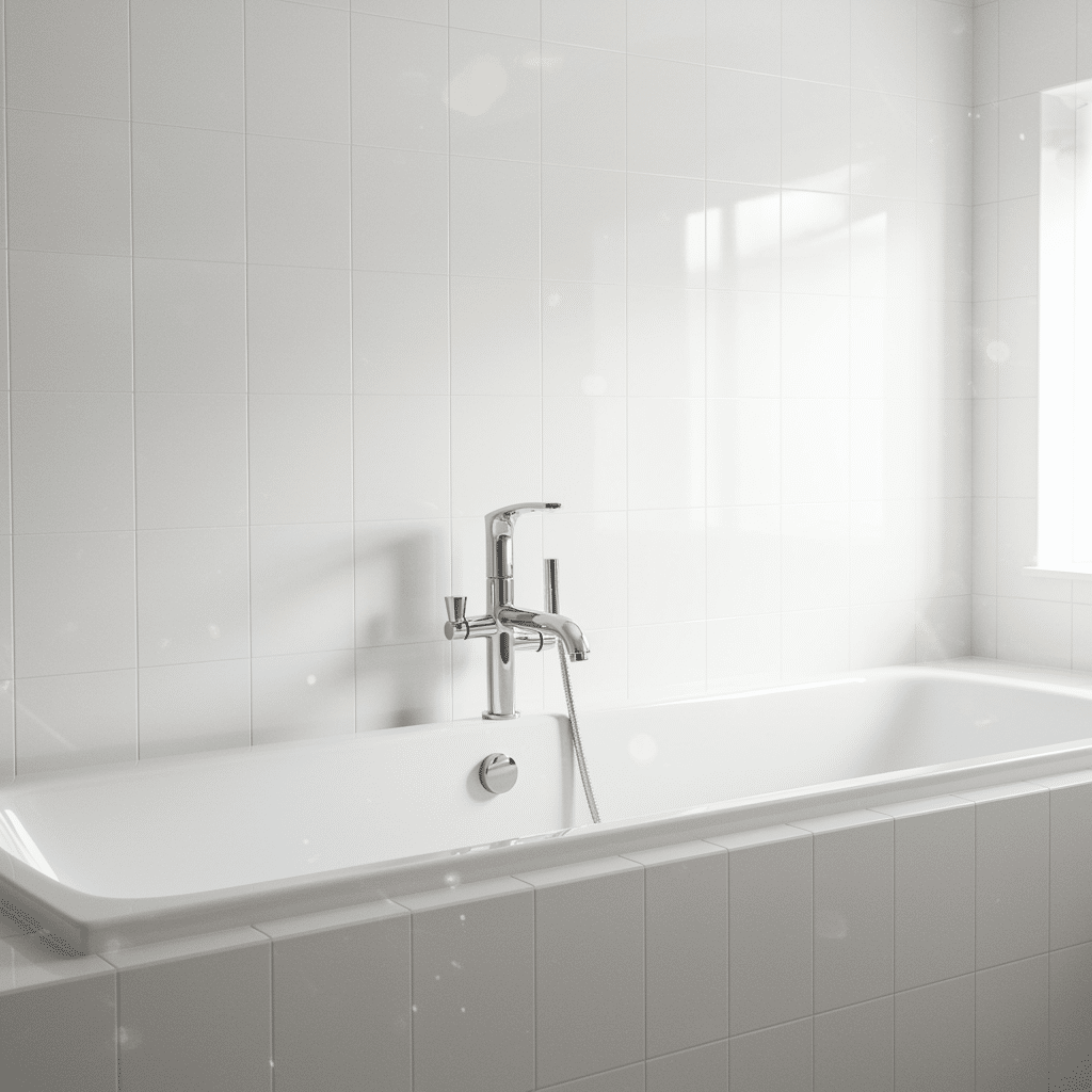 Pristine bathroom with clean bathtub and shiny chrome faucet highlighting emergency plumbing services