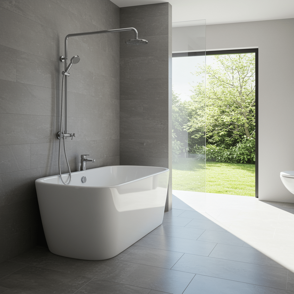 Pristine modern bathroom with clean white bathtub and sparkling chrome fixtures, representing emergency plumbing services