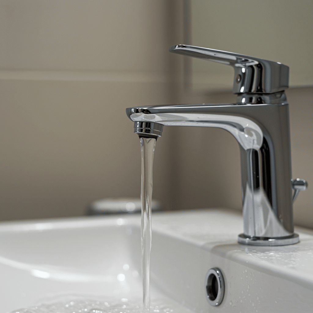 Repaired bathroom faucet with running water above a clean white sink, highlighting expert plumbing service
