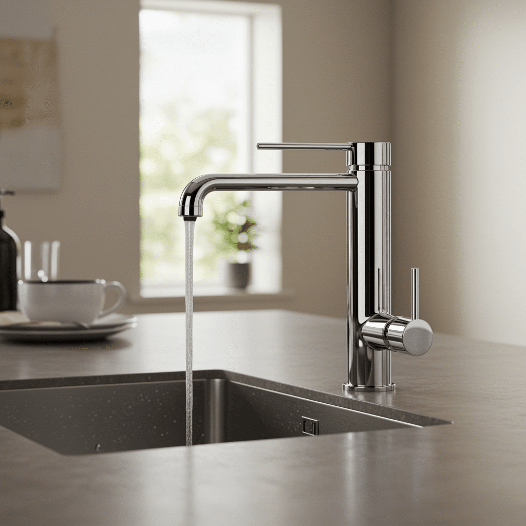 Modern kitchen sink with polished chrome faucet and smooth stone countertop, water gently running, clean and bright plumbing service result