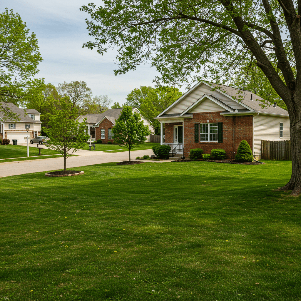 View of residential neighborhood near 741 Meadow Ln, Crown Point, IN with well-kept homes and landscaping, representing professional plumbing services.
