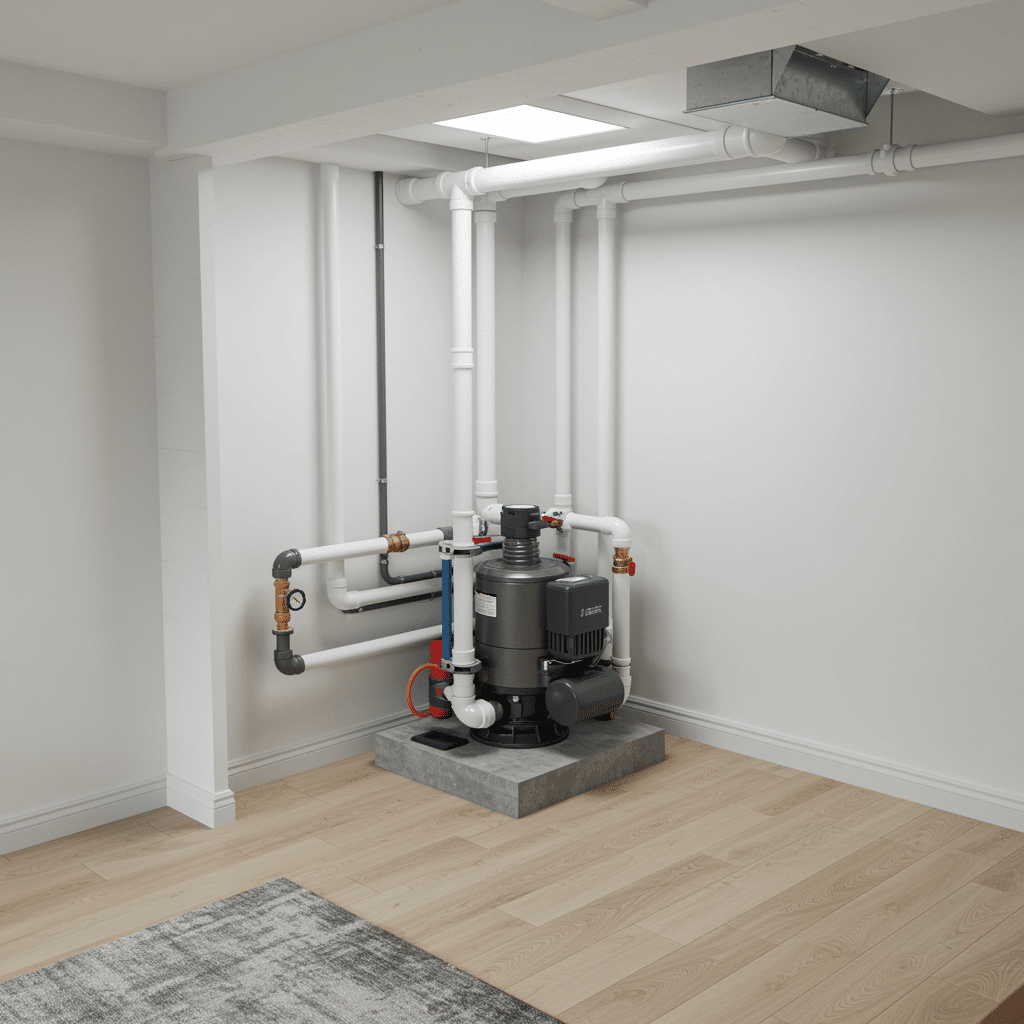 Pristine basement corner featuring a new sump pump installation with clean pipes and modern finish for plumbing services
