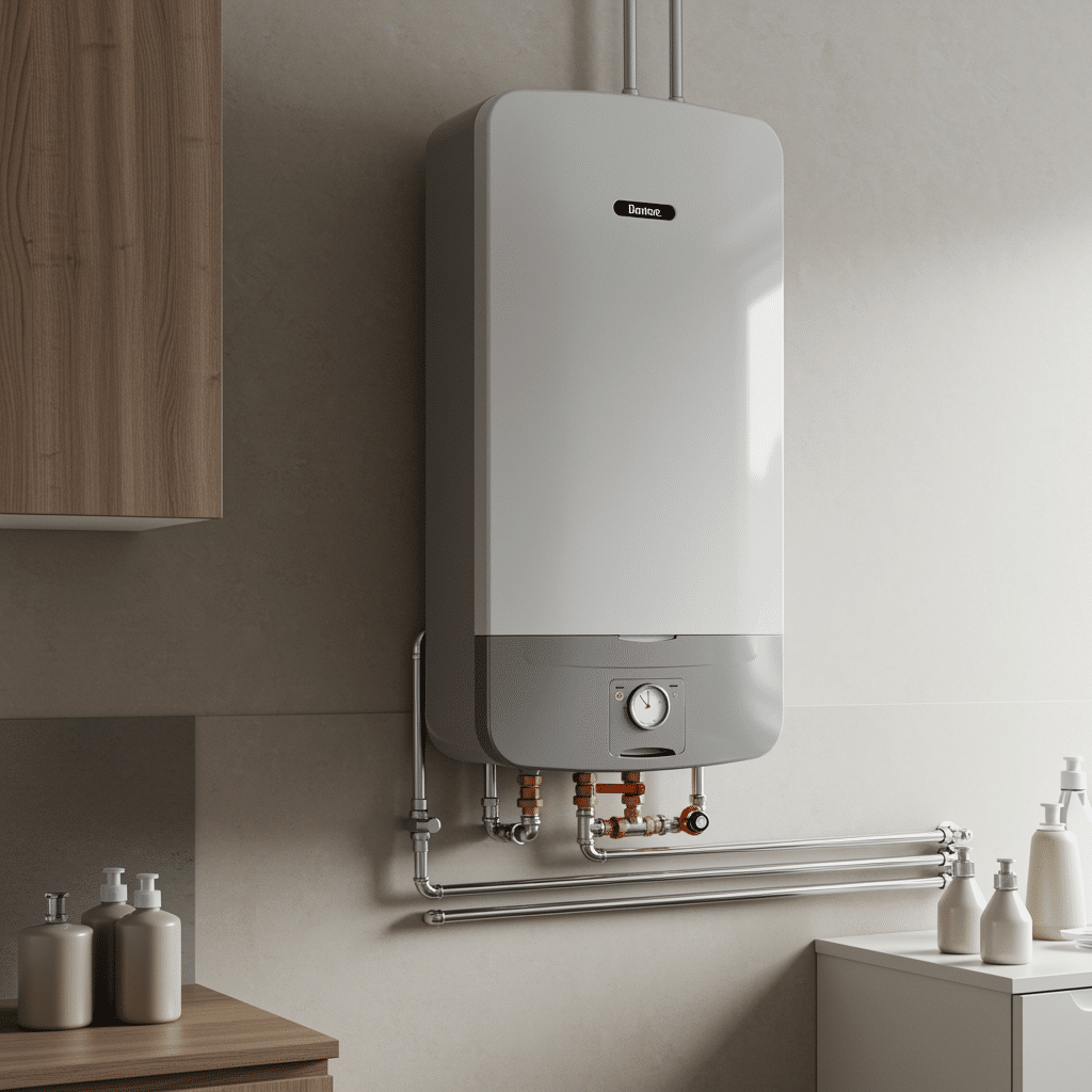 Installed tankless water heater with chrome pipes in a modern utility room, showing expert plumbing service