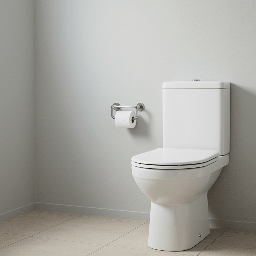 Clean modern bathroom featuring a new white toilet installed, highlighting professional plumbing toilet repair and replacement services