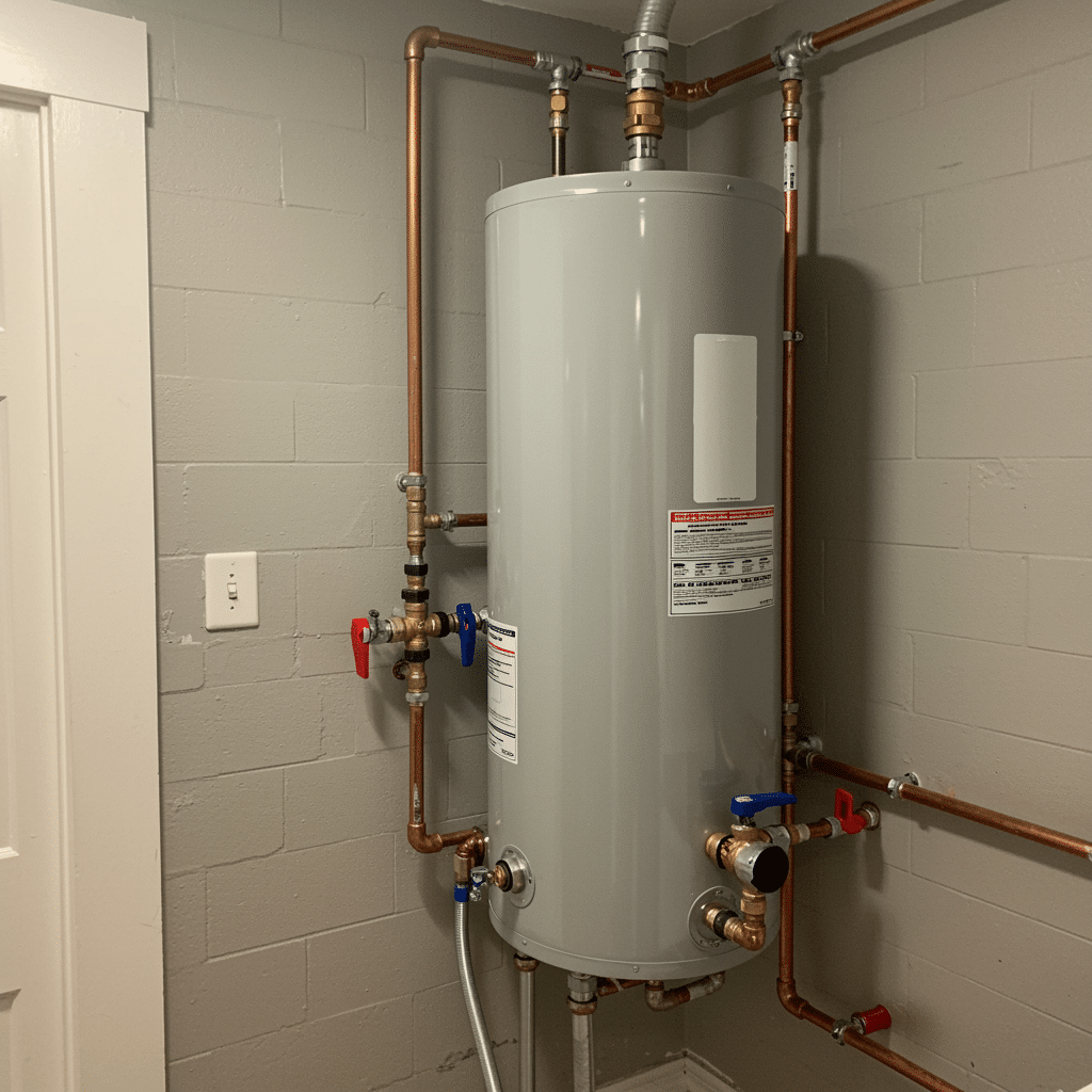 Modern utility room with new water heater installation, clean pipes, and polished chrome plumbing fixtures