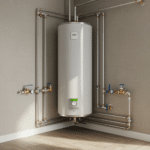 Newly installed water heater in a pristine utility room with clean pipes and modern finishes
