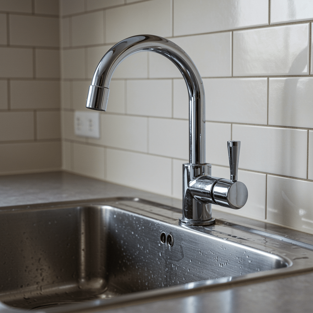 Restored kitchen sink with modern chrome faucet and clean countertop after professional water line repair